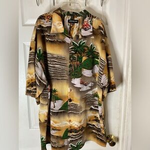 KOMAN SPORT HAWAIIAN CAMP SHIRT MEN’S XXL TRUCK CAR SURFBOARD PALM TREES BOATS